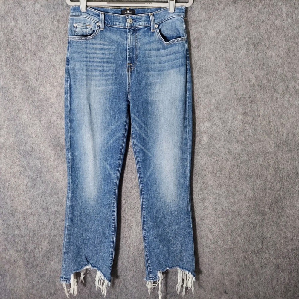 7 FOR ALL MANKIND High-Waist Slim Kick Jeans with Destroyed Hem Blue 30 Women